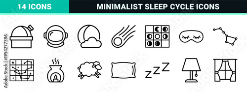 Celestial Night Sky and Sleep Cycle Ultra-Minimalist Monoline Vector Icons for Interface Design and Mobile Application Navigation Menus