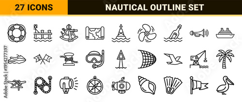 Maritime Navigation and Coastal Infrastructure Ultra-Minimalist Monoline Geometric Line Art Icon Set for Professional Interface Design