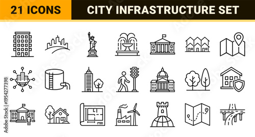 Urban Infrastructure and Smart City Planning Minimalist Monoline Outline Icons for Professional Architectural Diagrams and Digital Maps