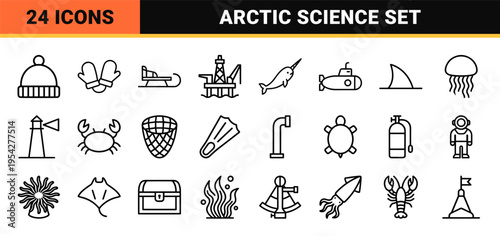 Iceberg and Glacier Minimalist Outline Icon Set for Climate Science and Environmental Marine Research Databases