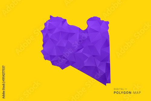 Libya Map - Low poly polygon map in vibrant purple gradient on bold yellow background, modern minimal geometric style, clean digital vector illustration.