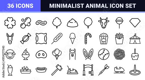 Carnival Treats and Fairground Animal Head Symbols featuring Ultra-Minimalist Monoline Geometric Outlines for Web and Mobile Interface Design
