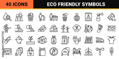 Ecological Impact and Pollution Control Line Icons featuring Ultra-minimalist Monoline Geometric Symbols for Environmental Conservation and Climate Science.