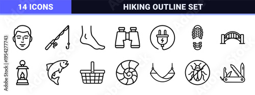 Sustainable Ecotourism and Nature Hiking Icon Set Featuring Ultra-Minimalist Monoline Geometric Symbols for Outdoor Adventure and Conservation.
