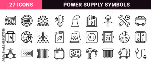 Sustainable Energy and Industrial Power Grid Infrastructure Symbols in Ultra-Minimalist Geometric Monoline Style for Professional Engineering Technical Documentation.