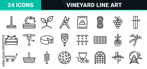 Professional Gardening and Viticulture Linear Icons Featuring Pruning Shears and Botanical Tools in Ultra-Minimalist Geometric Monoline Style