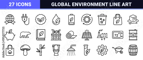 Ecological Sustainability and Global Environment Protection Ultra-minimalist Monoline Geometric Line Art Symbols for Digital Interface Design