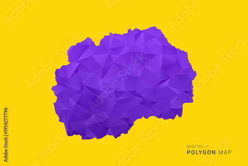 Macedonia Map - Low poly polygon map in vibrant purple gradient on bold yellow background, modern minimal geometric style, clean digital vector illustration.