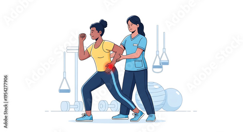 A female physical therapist assisting a woman with an exercise in a modern gym