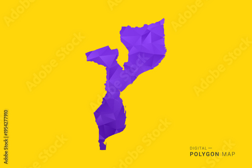 Mozambique Map - Low poly polygon map in vibrant purple gradient on bold yellow background, modern minimal geometric style, clean digital vector illustration.