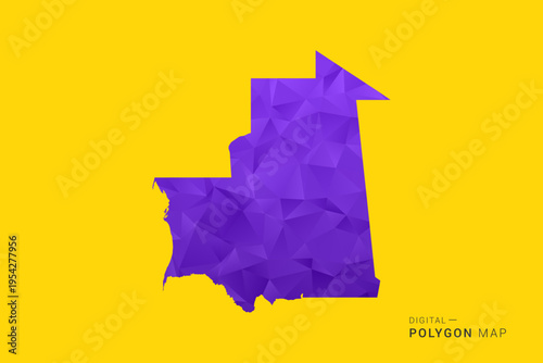 Mauritania Map - Low poly polygon map in vibrant purple gradient on bold yellow background, modern minimal geometric style, clean digital vector illustration.