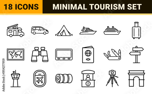Ultra-Minimalist Travel and Tourism Monoline Icon Set featuring Geometric Line Art Symbols for Navigation, Transport, and Vacation Planning.
