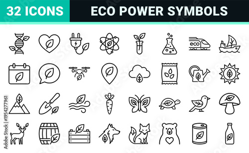 Sustainable Green Energy and Eco-Friendly Technology Thin Line Icon Set, Ultra-Minimalist Geometric Monoline Bio Concepts for Modern UI Design