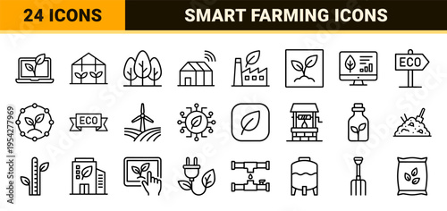 Smart Agriculture and Eco Technology Ultra-Minimalist Monoline Icons for Sustainable Farming Systems and Green Energy Management Software