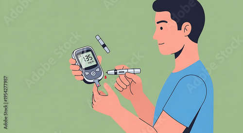 A man checking his blood sugar level with a glucometer and test strip in a modern medical setting.