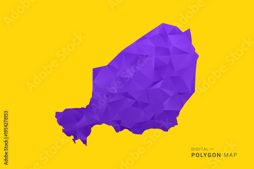 Niger Map - Low poly polygon map in vibrant purple gradient on bold yellow background, modern minimal geometric style, clean digital vector illustration.