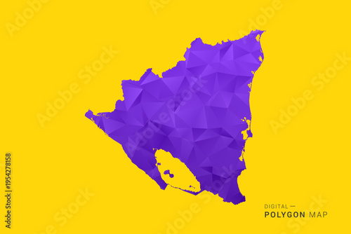Nicaragua Map - Low poly polygon map in vibrant purple gradient on bold yellow background, modern minimal geometric style, clean digital vector illustration.