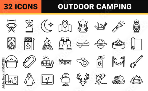 Wilderness Adventure and Camping Equipment Icon Set featuring Ultra-Minimalist Geometric Outlines for Professional Tourism Navigation and Outdoor Maps.