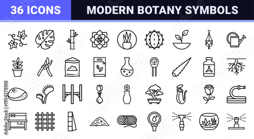 Ultra-Minimalist Monoline Houseplant and Botany Icon Set featuring Geometric Indoor Gardening Symbols for Professional UI and Web Design Projects