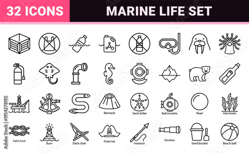 Marine Life and Ocean Conservation Ultra-Minimalist Monoline Icon Set Featuring Geometric Line Art Symbols for Nautical and Ecology Apps.