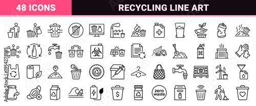 Waste Management and Circular Economy Ultra-Minimalist Monoline Icons for Sustainable Living and Professional Environmental Graphic Design