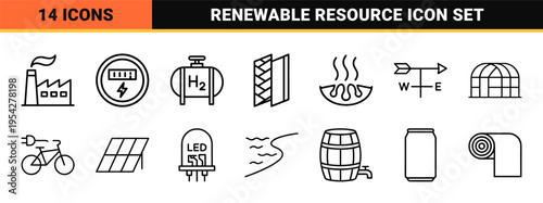 Sustainable Energy and Renewable Resource Management Ultra-Minimalist Monoline Icon Set for Eco-Tech and Green Infrastructure Visuals