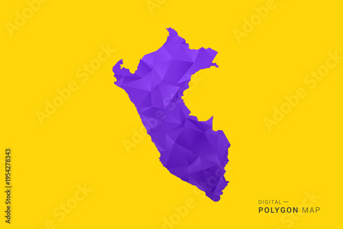 Peru Map - Low poly polygon map in vibrant purple gradient on bold yellow background, modern minimal geometric style, clean digital vector illustration.