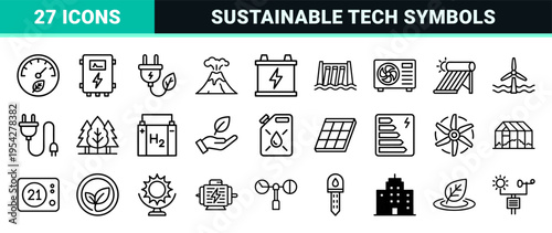 Sustainable Energy and Green Technology Ultra-Minimalist Monoline Icons for Professional Renewable Power Systems and Eco-Efficiency Design