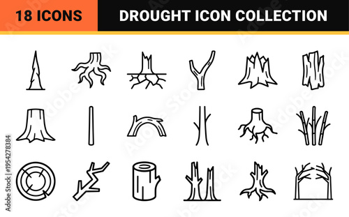 Dead Tree and Drought Environmental Symbols: Ultra-Minimalist Geometric Line Art Icon Set for Climate Change and Arid Landscape Design.