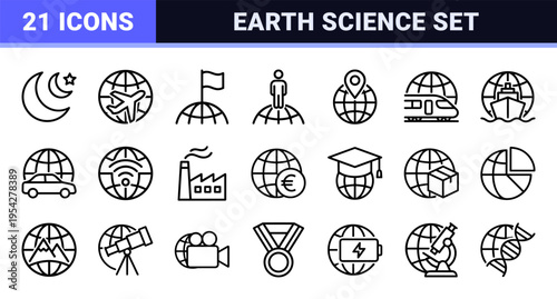 Global Navigation and Earth Science Outline Symbols featuring Ultra-Minimalist Monoline Geometric Line Art for Universal Web Design Interface.