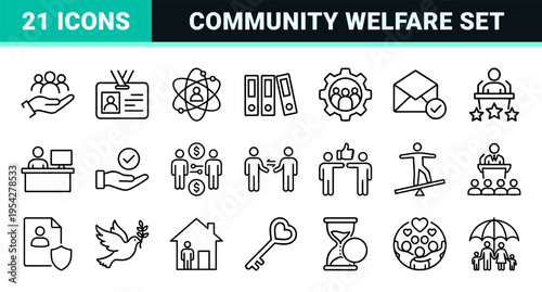 Social Policy and Community Welfare Linear Icons Featuring Minimalist Monoline Symbols for Government, Human Rights, and Public Services.