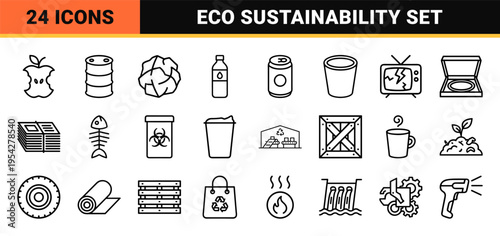 Ecological Sustainability and Waste Management Icons, Ultra-Minimalist Monoline Outline Symbols for Circular Economy Logistics and Recycling.