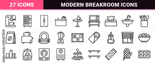 Office Breakroom and Kitchen Amenities Ultra-Minimalist Monoline Icon Set for Corporate Interior Wayfinding and Facility Management Systems.