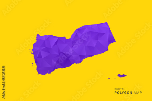Yemen Map - Low poly polygon map in vibrant purple gradient on bold yellow background, modern minimal geometric style, clean digital vector illustration.