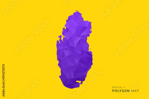 Qatar Map - Low poly polygon map in vibrant purple gradient on bold yellow background, modern minimal geometric style, clean digital vector illustration.