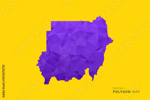 Sudan Map - Low poly polygon map in vibrant purple gradient on bold yellow background, modern minimal geometric style, clean digital vector illustration.