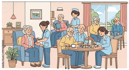 A vector graphic illustration of elderly people and caregivers socializing and playing games in a nursing home