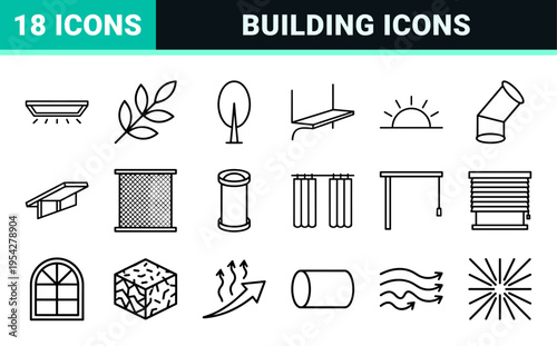 Sustainable Architecture and Daylighting Systems Line Art Icons Featuring Minimalist Window Fenestration and Solar Shading Symbols