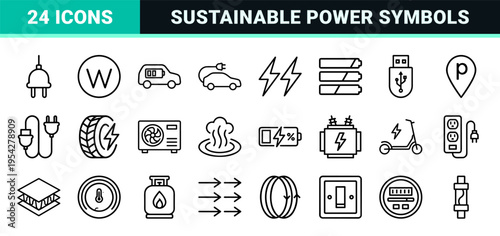 Ultra-Minimalist EV Charging and Renewable Energy Outline Icons for Sustainable Technology Infrastructure and Green Power Management Systems.