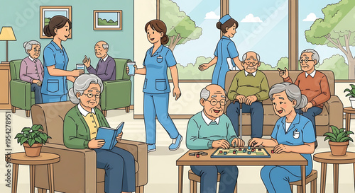 A vector graphic illustration of healthcare professionals and elderly people socializing in a nursing home or assisted living facility.