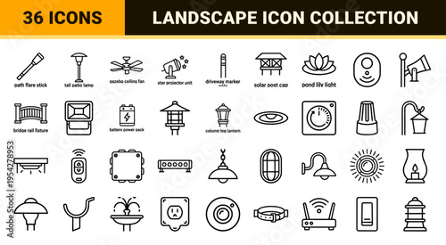 Outdoor Landscape Lighting Ultra-Minimalist Monoline Icons Featuring Garden Lanterns, Path Lights, and Solar Fixtures in Geometric Line Art.