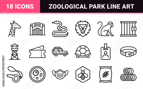 Zoological Park Management and Wildlife Conservation Monoline Icons Featuring Minimalist Animal Care and Habitat Navigation Outline Symbols