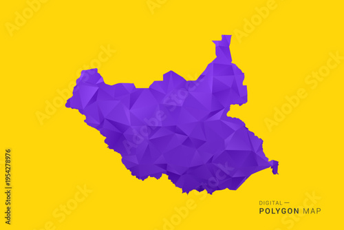 South Sudan Map - Low poly polygon map in vibrant purple gradient on bold yellow background, modern minimal geometric style, clean digital vector illustration.