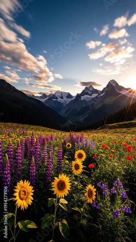 Wallpaper Mural A serene mountain meadow blooms with vibrant sunflowers and wildflowers under a bright sunny sky with clouds Torontodigital.ca