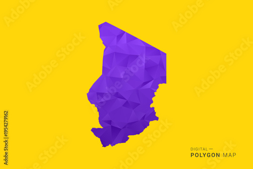 Chad Map - Low poly polygon map in vibrant purple gradient on bold yellow background, modern minimal geometric style, clean digital vector illustration.