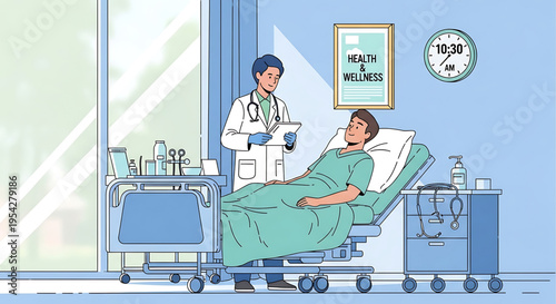 A doctor in a white coat stands beside a hospital bed with a patient, surrounded by medical equipment and a health and wellness poster on the wall.
