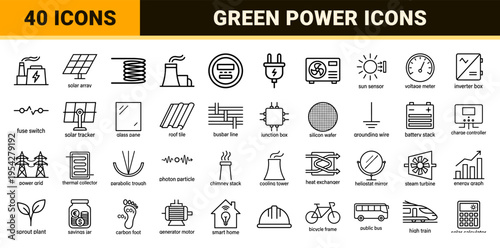 Solar Energy Technology and Renewable Power Infrastructure Ultra-Minimalist Monoline Geometric Outline Icon Set for Sustainable Industry Design
