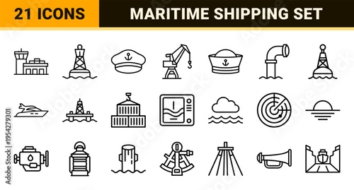 Maritime Navigation and Logistics Ultra-Minimalist Monoline Geometric Line Art Symbols for Commercial Shipping and Nautical Industry Web Design