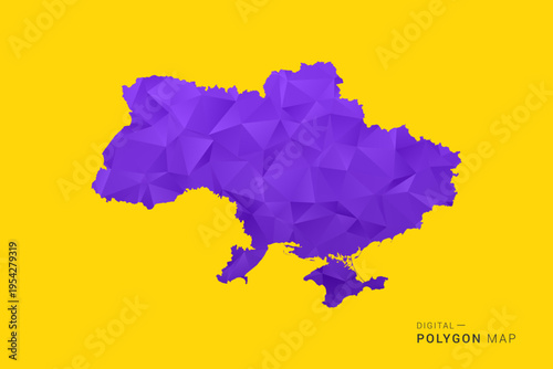 Ukraine Map - Low poly polygon map in vibrant purple gradient on bold yellow background, modern minimal geometric style, clean digital vector illustration.
