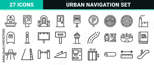 Urban Navigation and Public Infrastructure Geometric Line Art Set for Professional Wayfinding and Modern Map Interface Design Applications